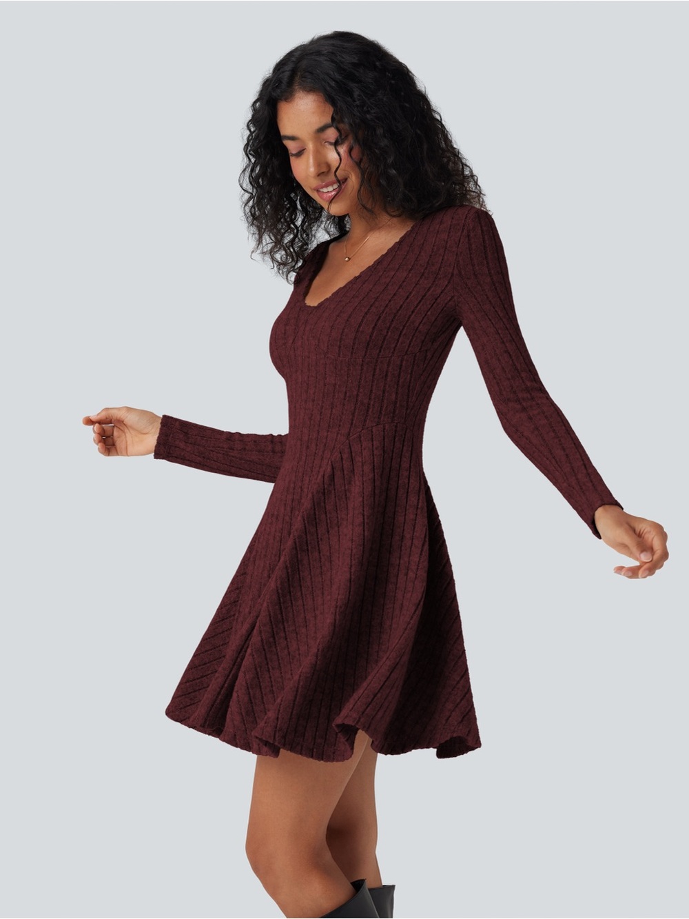 Halara Ribbed Knit V Neck Long Sleeve Flare Mini Casual Dress - Wine Red - Med